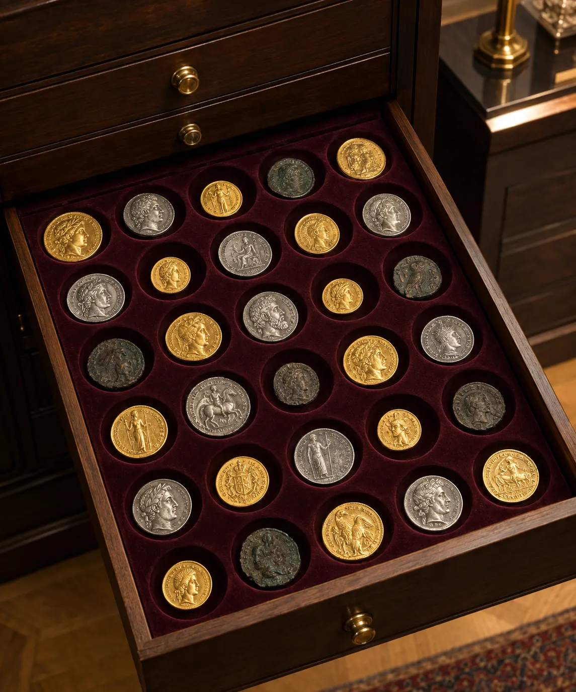 Cajón de vitrina abierto con monedas de oro, plata y antiguas en bandejas de terciopelo