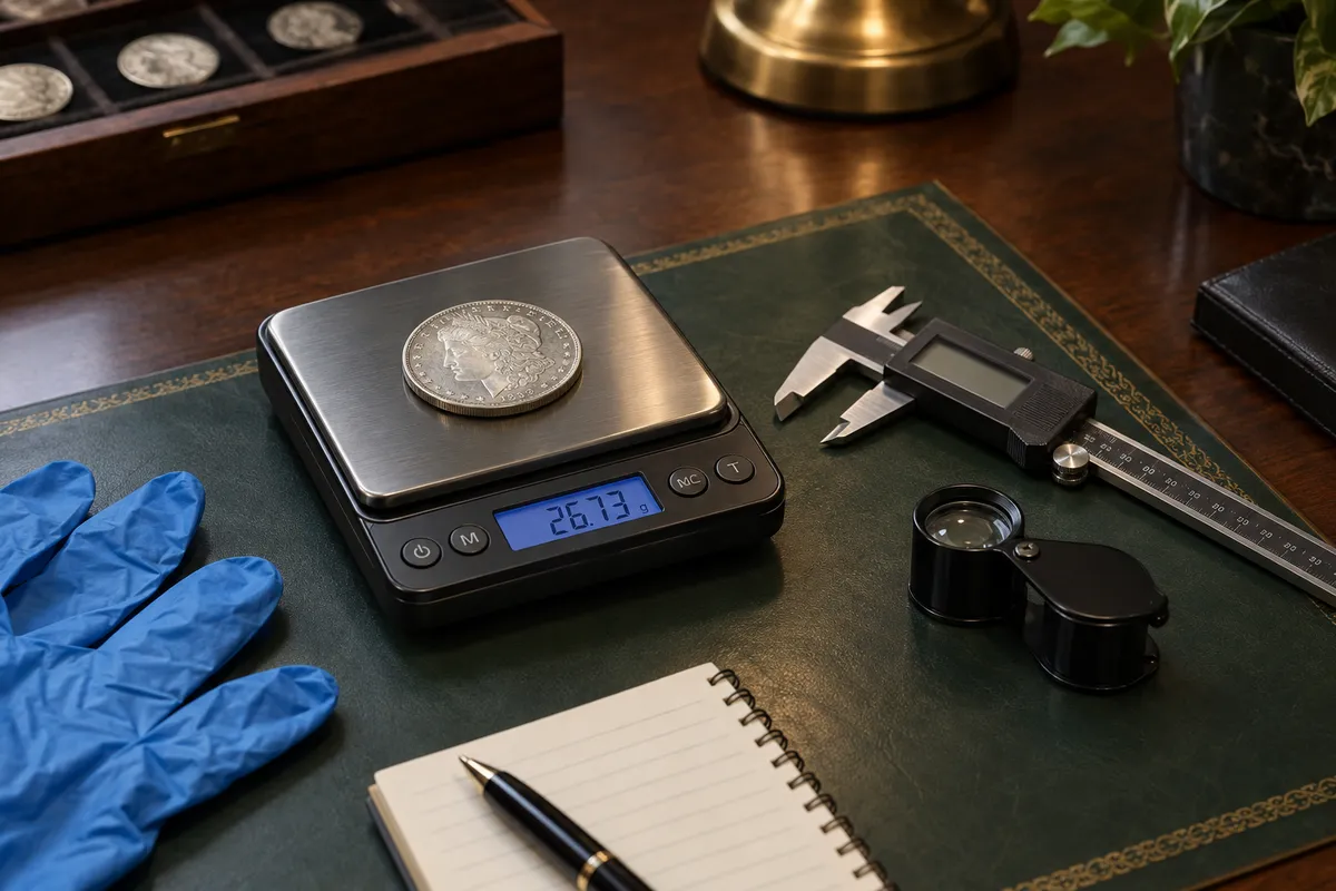 Báscula de precisión con un dólar de plata, calibrador digital y lupa en la oficina de Apollo Coins