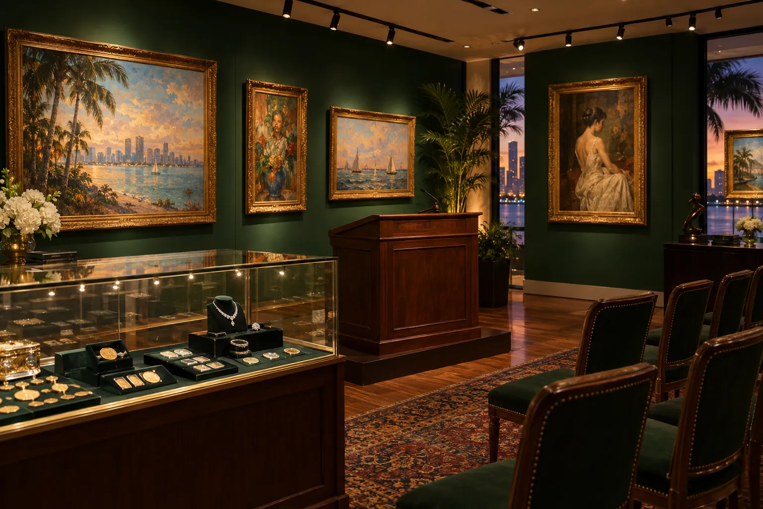 La galería Auction Wallstreet con una vitrina de monedas y el podio de subastas